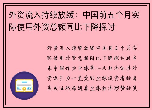 外资流入持续放缓：中国前五个月实际使用外资总额同比下降探讨