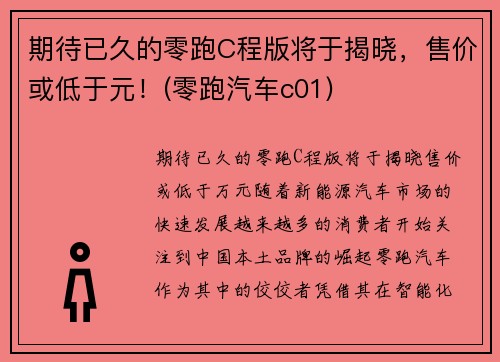 期待已久的零跑C程版将于揭晓，售价或低于元！(零跑汽车c01)